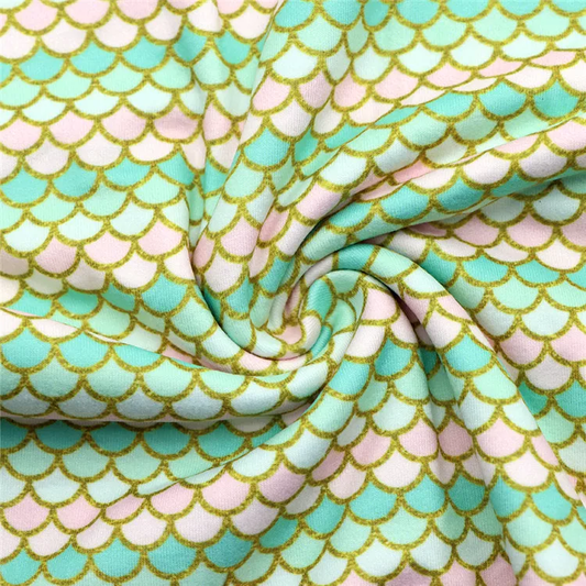 Pink and Seafoam Green Mermaid Scale Double Brushed Poly Fabric