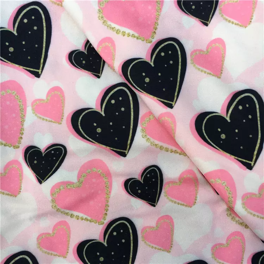 Black and Pink Heart Double Brushed Poly Fabric