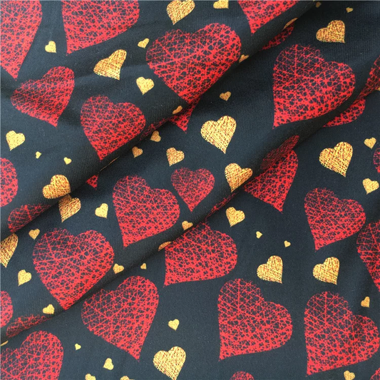 Red and Gold Heart Double Brushed Poly Fabric
